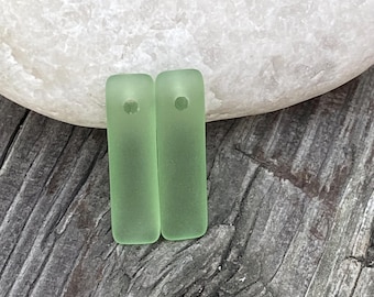 2 Pcs.- 6x22mm Cultured Sea Glass Beach Glass Peridot Green Puffed (Pillow Bead) Mini Rectangle Pendant Beads With 1.25mm Top Drilled Hole