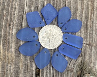 Light Sapphire Cultured Sea Glass Seaglass Pendants: Small Frosted Freeform Flat Beads - 7-12 x 15mm -  5 Pr.