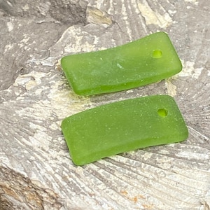Cultured Sea Glass, Beach Glass, Seaglass Beads - Frosted Lime Green (Olive) Bottle Curved Small Rectangle Pendants 22x11mm - 2pcs