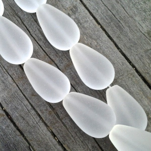 Sea Glass Beads - 16x10mm Matte Frosted Clear Crystal Center Drilled Teardrop Cultured Seaglass  Beach Glass Beads For Earrings -  6 beads