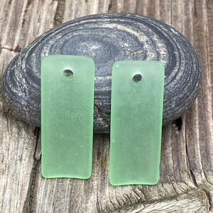 Sea Glass Beach Glass Beads -  Frosted Peridot Green Bottle Style  Curved Long Rectangle Cultured Seaglass Pendants  -  35x14mm  - 2pcs