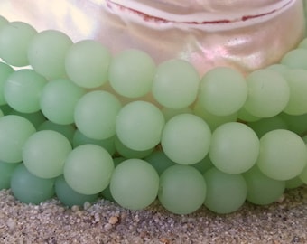 Cultured Sea Glass Beads  - Frosted 8mm Opaque Sea Foam Green Round Center Drilled Cultured Sea Glass Beads -1 strand of approx. 24 beads