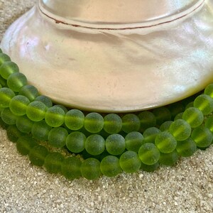 Sea Glass Beads -  Frosted Lime Green -  6mm Round Center Drilled Cultured Sea Glass Beads - 1 strand of approx. 32 beads
