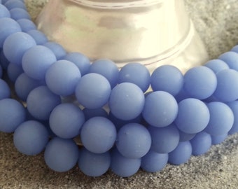 Sea Glass Beach Glass Beads  -  10mm Opaque Sky Blue Round Center Drilled Bottle Style Beads - 1 strand of 21 beads