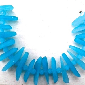 Sea Glass Beach Glass Beads -  Frosted Opaque Blue Opal Center Drilled Fish Bone Beads - Size Range 6 to 10mm by 22 to 27mm - 20  pcs