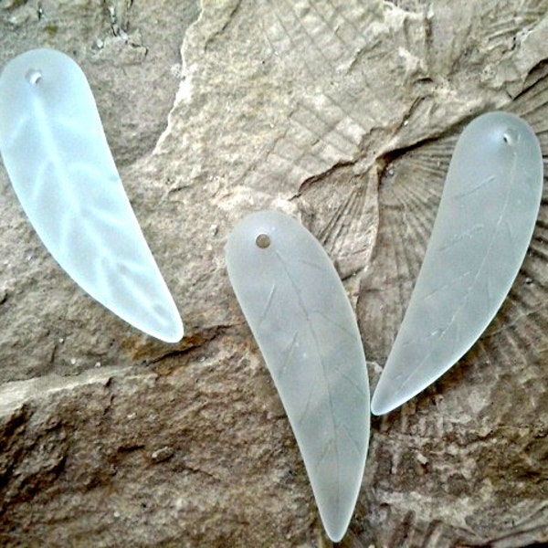 2 Pcs.-Cultured Sea Glass (Drilled Beach Glass) Sea Foam Feather or Leaf Top Drilled Pendant Beads  - 32x10mm (1 1/4 x 3/8")