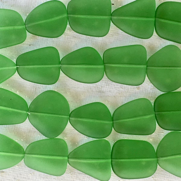 Sea Glass Beach Glass Beads - Frosted Bottle Green (Shamrock) Freeform Length Drilled Flat Beads Ranging from 18-22mm  - 1 strand of 5 beads