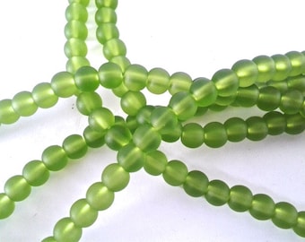 Sea Glass Beads -  Frosted Lime Green -  6mm Round Center Drilled Cultured Sea Glass Beads - 1 strand of approx. 32 beads