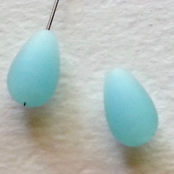 Sea Glass Beach Beads - 16x10mm Opaque Aqua Sea Foam, Center Drilled Teardrop Cultured Sea Glass Earring Beads -  1 strand of 6 beads