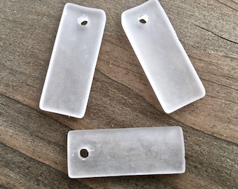 Sea Glass Beach Glass Beads -  Frosted Matte Clear Crystal Bottle Curved Long Cultured Sea Glass Rectangle Pendants 35x14mm  - 2pcs