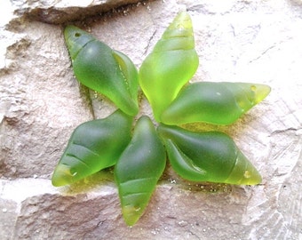 Sea Glass, Beach Glass (Recycled Glass) Frosted Olive Green Tip Drilled  Conch Shell Pendants -   26 x 12mm  - 2 pcs.