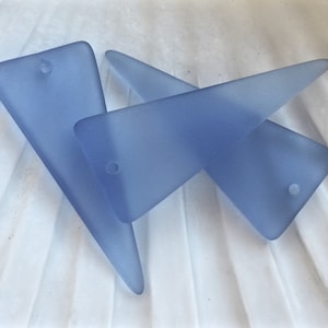 Frosted Lt. Sapphire Blue Sea Glass Top Drilled Pendants: Small Triangle Shield Beads - 37x15mm - 2 pcs.