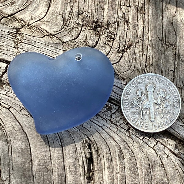 1 Pc. - 30mm Large Cultured Sea Glass (Seaglass) Beach Glass Lt. Sapphire Flat Heart Pendant Beads With 1.25mm Top Drilled Hole