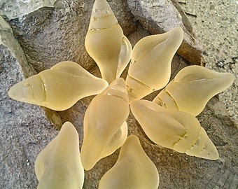 Sea Glass, Seaglass (Recycled Glass) Frosted Lemon Yellow Tip Drilled  Conch Shell Pendants -   26 x 12mm  - 2 pcs.