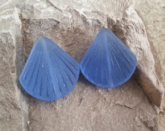 Frosted Lt. Sapphire Small Sea Glass (Seaglass) Clamshells,  Length Drilled Beach Glass Pendant Beads -   20mmx19mm  - 1 Pair