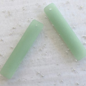 2 Pcs.- 8x38mm Cultured Sea Glass Beach Glass Opaque Sea Foam Green Puffed Rectangle Pendant Beads With 1.25mm Top Drilled Hole