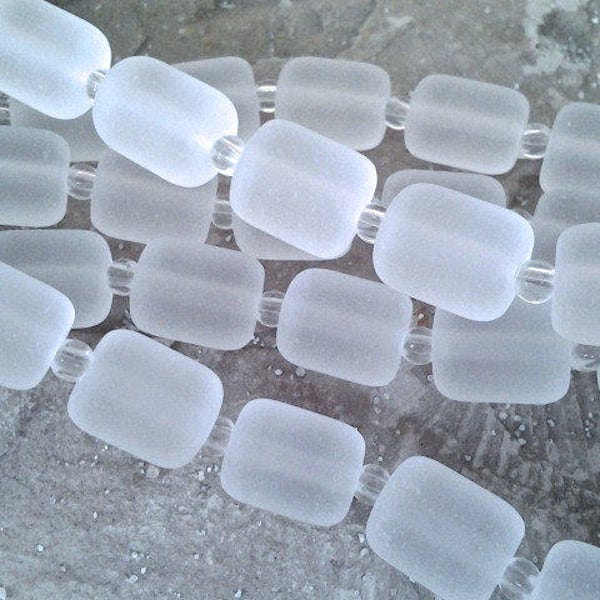 1 Strand (13 beads) 13x10mm Frosted Clear Crystal - Matte Finished Large Barrel Nuggets Center Drilled  Cultured Sea Glass Beach Glass Beads