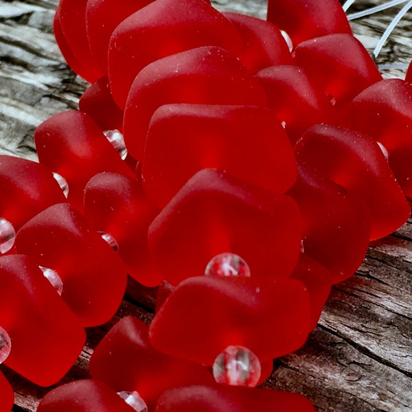 Beach Glass Sea Glass (Seaglass) Rondelle Beads - Frosted Cherry Red Freeform Button Spacers - Center Drilled - 14-15mm - 1 st. (10 pcs.)