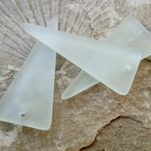 2 Pcs. - Sea Glass Beach Glass Beads -  Frosted Sea Foam Green Small Cultured Seaglass Triangle Shield Pendants -   37x15mm