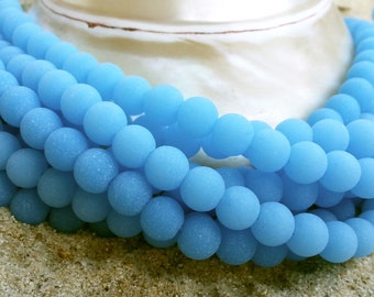 6mm Round Sea Glass Beads - Frosted Dark Opaque Blue Opal - Center Drilled Cultured Sea Glass Beads- 1 strand of approx. 32 beads