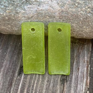 Olive Green Frosted Sea Glass Pendants: Rectangle Beads for Jewelry Making