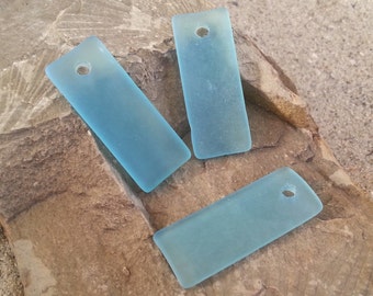 Sea Glass Beads -  Frosted Turquoise Bay Aqua Bottle Style  Curved Long Rectangle Cultured Sea Glass Pendants -  35x14mm  - 2pcs