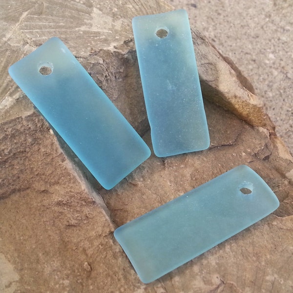 Sea Glass Beads -  Frosted Turquoise Bay Aqua Bottle Style  Curved Long Rectangle Cultured Sea Glass Pendants -  35x14mm  - 2pcs