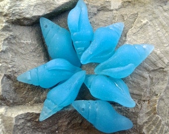 Sea Glass Beads -  Frosted Opaque Blue Opal Tip Drillled Conch Shell Pendants -   26 x 12mm  - 2 pcs.