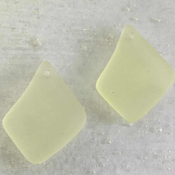 Cultured Sea Glass Beach Glass Beads - Frosted Lemon Yellow Large Freeform Flat Both Sides Seaglass Pendant Beads - 28mmx21mm - 2pcs   #11
