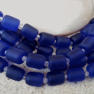 Royal Blue Sea Glass Beads: Matte Barrel Nuggets, 8x10mm (17 beads)