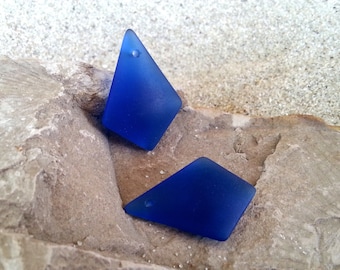 Sea Glass Beach Glass Beads -  Frosted Royal Blue Small Cultured Sea Glass Top Drilled Diamond  Pendants -  28x20mm  - 2pcs
