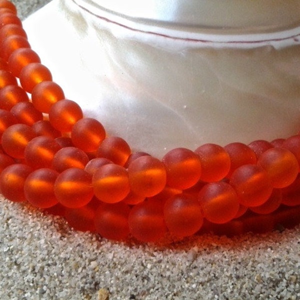 Sea Glass (Beach Glass) Beads -  Frosted Tangerine Red -  6mm Round Center Drilled Cultured Sea Glass Beads - 1 strand of approx. 32 beads