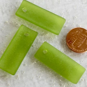 Sea Glass Beach Glass Beads - Frosted Olive (Lime) Green Bottle Style Curved Long Rectangle Cultured Seaglass Pendants - 35x14mm - 2pcs