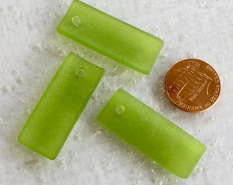 Sea Glass Beach Glass Beads - Frosted Olive (Lime) Green Bottle Style Curved Long Rectangle Cultured Seaglass Pendants - 35x14mm - 2pcs