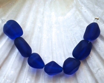 1 Strand (7 Pcs.)  Frosted Royal Blue Small Cultured Sea Glass Seaglass Beach Glass Center Drilled Nugget Beads -   10-15mm