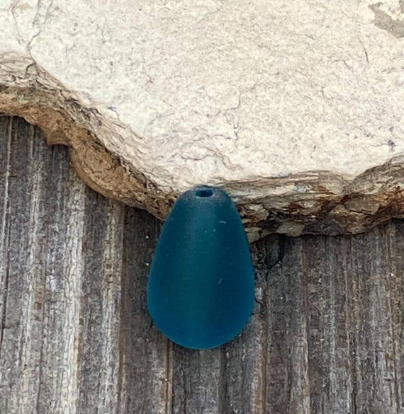 Sea Glass Beads - 16x10mm Teal (Peacock Blue) Center Drilled (Top to Bottom) Teardrop Cultured Seaglass Beach Glass Earring Beads -  6 beads