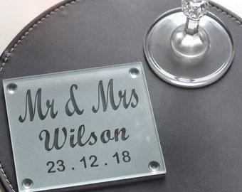 Handmade Etched Engraved Glass Wedding Coaster Pair Set Personalised, UK Seller