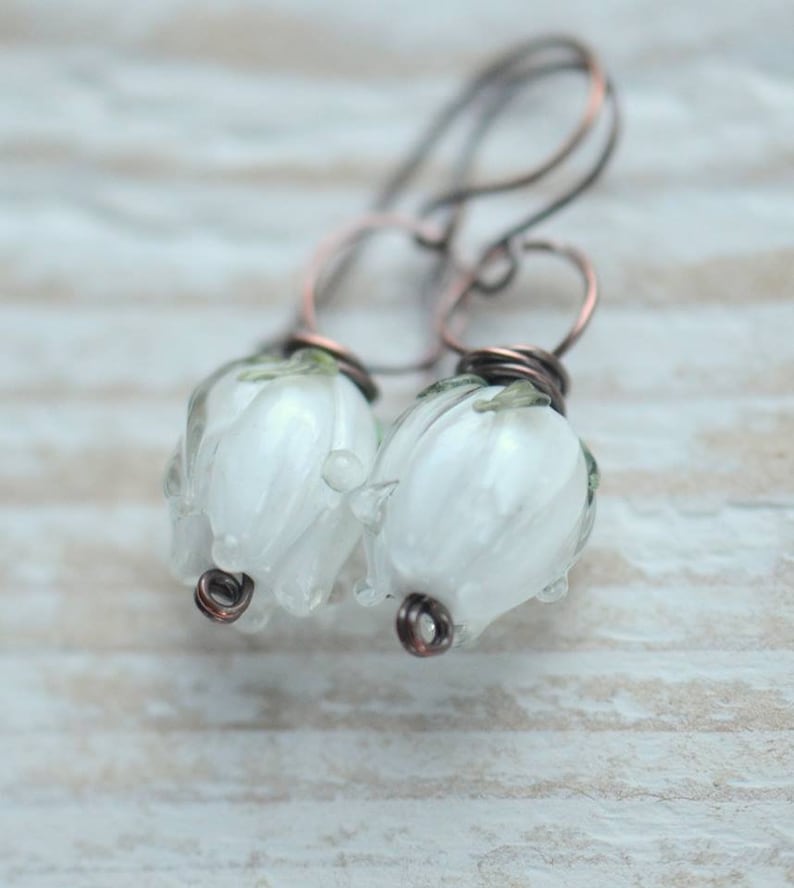 Handmade Copper Earrings with White Lampwork Glass Flower Bud Beads UK Seller
