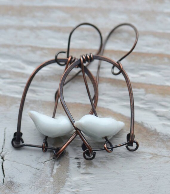 Handmade Copper Earrings with White Lampwork Glass Flower Bud Beads UK Seller