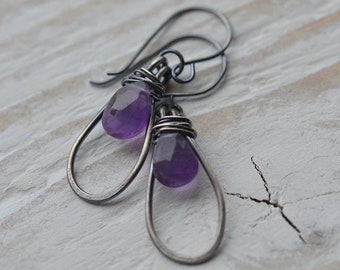 Handmade Sterling Silver Oxidised earrings with Amethyst Briolette Gemstone Beads, UK Seller