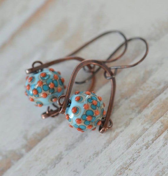 Handmade Copper Earrings with White Lampwork Glass Flower Bud Beads UK Seller