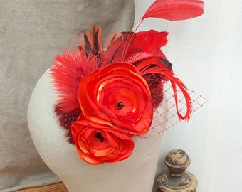 BOHO red Fascinator BOHEMIAN WEDDING bridal headpiece poppy feathers flowers retro vintage bride bridesmaids veil headflowers hairpiece