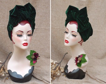 DEEP GRREN Velvet Turban Headband & Brooch // Vintage 40s 30s // Retro Art Nouveau //burgundy green red bow // acorns // Jazzafine