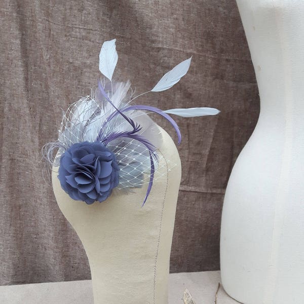 headpiece Fascinator Brautschmuck grau lavendel graublau blau grau taubenblau Federn pastell vintage boho hochzeit kopfschmuck etwas Blaues