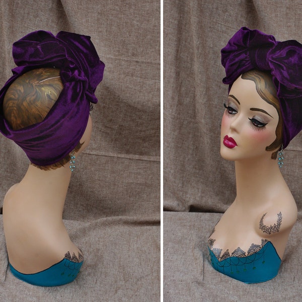 Lila SAMT: Mondäner Turban Haarband / Turbanband in dunkellila violett pflaume / Geschenk für Damen in Pin Up Stil / Accessoires Diva Look