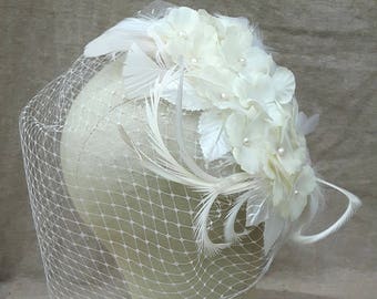 Bridal headpiece bird cage veil wedding vintage bride Fascinator feathers Hydrangea freshwater pearls Boho romantic elegant flowers ivory