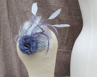 fascinator bridal headpiece something blue lavender gray pastel millinery hairflower Vintage feathers gray polka dots bride wedding grey