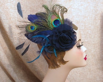 Headpiece navy fascinator burlesque blue deep peacock feathers vintage teal bridal bridesmaid elegant accessoires hairpiece something blue