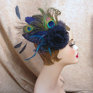 Headpiece navy fascinator burlesque blue deep peacock feathers vintage teal bridal bridesmaid elegant accessoires hairpiece something blue