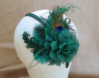 Headband headpiece Fascinator deep green Peacock feathers emerald burlesque bridal wedding bridesmaids boho bride fifties style rockabella